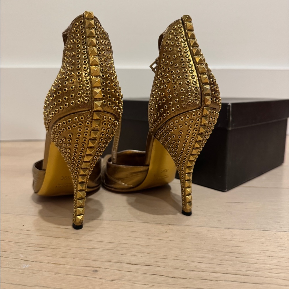 Gucci Burnished Gold Metallic Leather Studded Peep Toe Heels - Picture 6 of 10